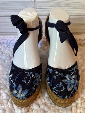 Floral Embroidered Navy Espadrille Wedge with Ankle Tie